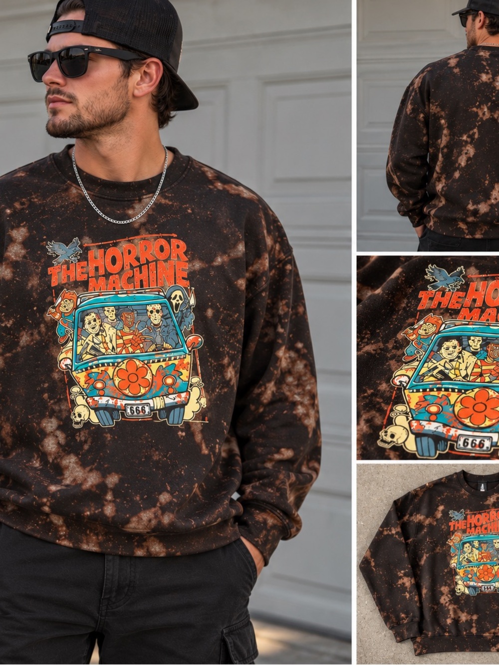 Gildan Black and Brown Tie-Dye 'The Horror Machine' Graphic Crewneck